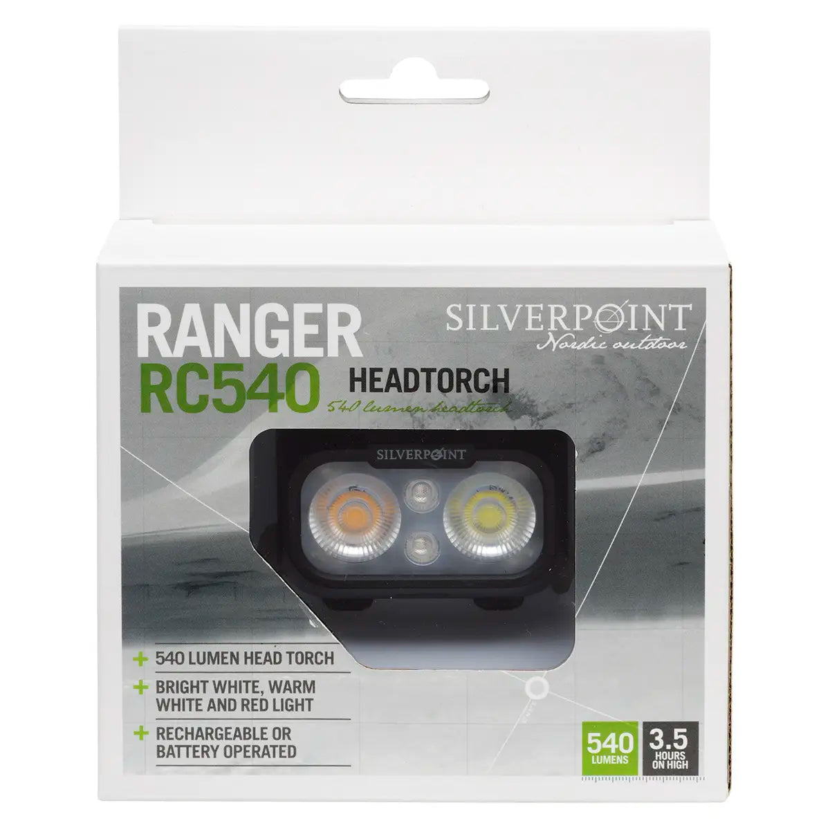 Retail packaging of Silverpoint Ranger Head Torch RC540 highlighting 540 lumens, red light feature, and dual power options for outdoor use.