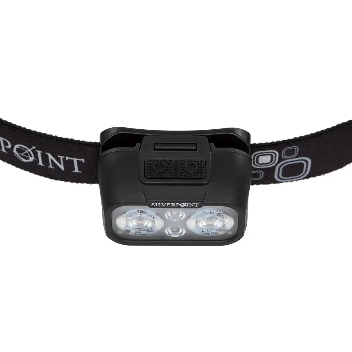 Front view of Silverpoint Ranger Head Torch RC540 showing dual LED lights and control buttons, designed for night navigation and work. from John Bull Clothing