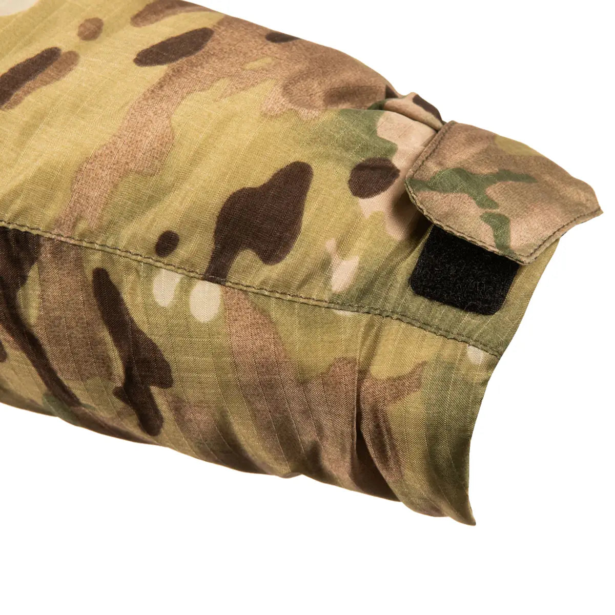 Detail of sleeve cuff with Velcro strap on Snugpak Spearhead Midweight Insulated Jacket WGTE Multicam for adjustable wrist fit.