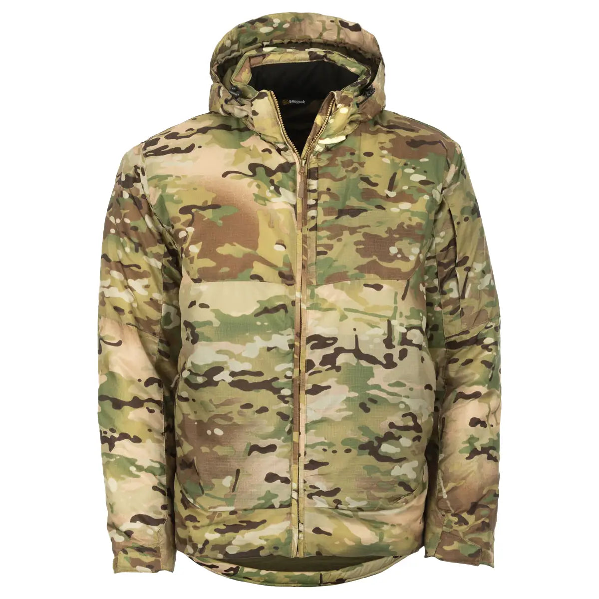 Front view of Snugpak Spearhead Midweight Insulated Jacket WGTE Multicam with full-zip closure and hood, ideal for tactical outdoor use.