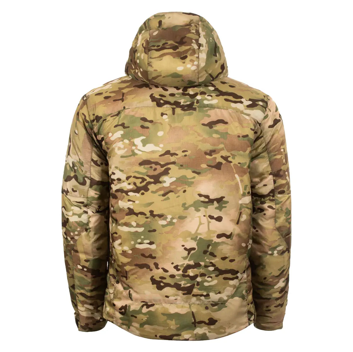 Back view of Snugpak Spearhead Midweight Insulated Jacket WGTE Multicam highlighting full camouflage pattern and insulated construction.