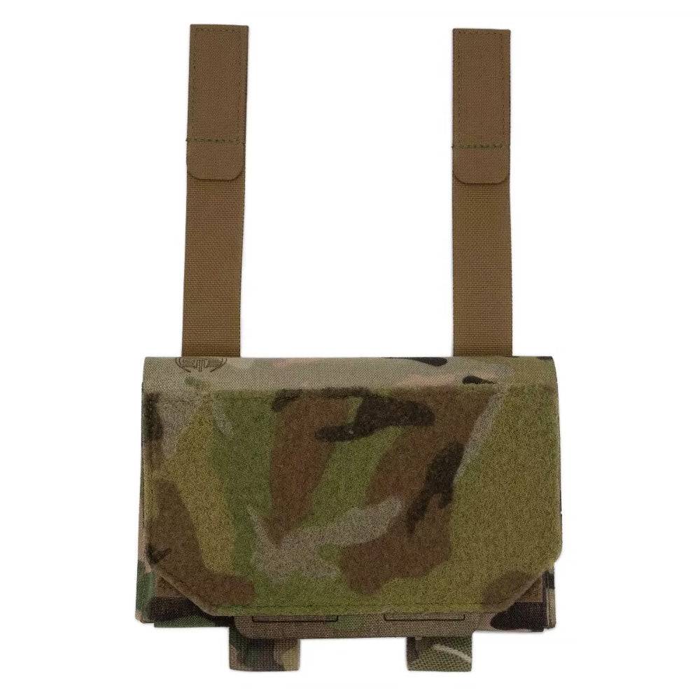 Front view of Spectre Admin Sleeve Multicam with extended straps, ideal for attaching to tactical gear with 4 MOLLE points.