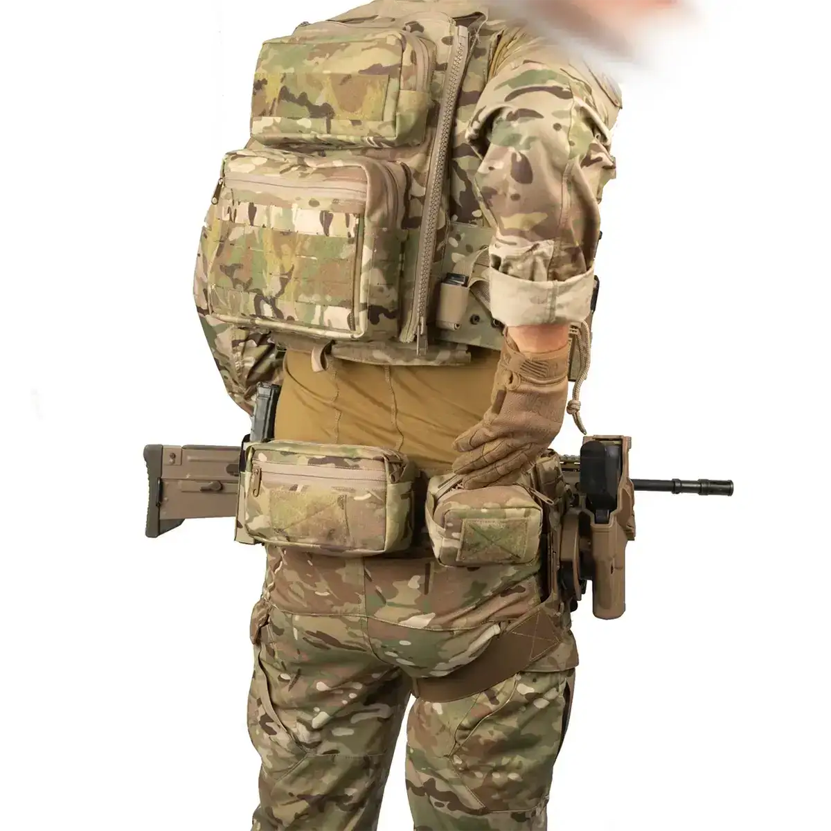 Spectre GP pouch in Multicam Cordura mounted on a tactical belt, showing compact storage placement with field uniform and gear.