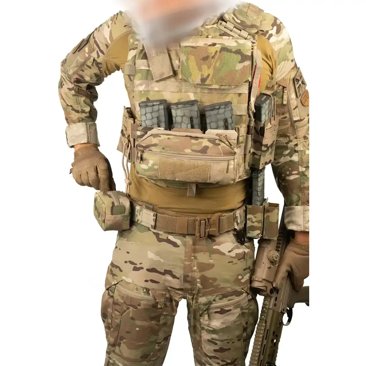 Spectre GP pouch in Multicam camouflage attached to a tactical belt, providing compact access to small field gear during use.