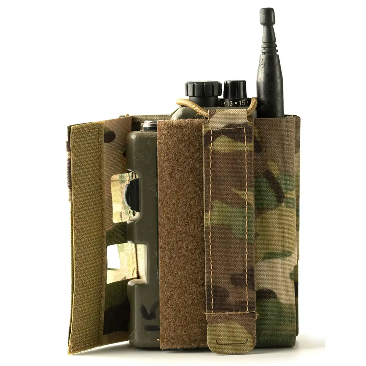 Open view of Spectre PinFit PRR Webbing Pouch MTP reveals Velcro flap for easy access to radio controls and secure closure.