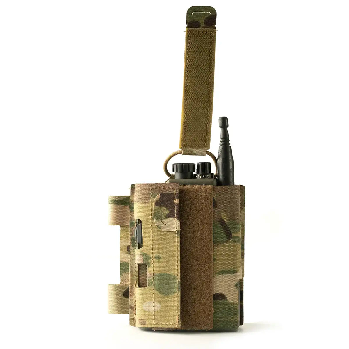 Side profile of Spectre PinFit PRR Webbing Pouch MTP with adjustable strap and Velcro panel for secure radio fit and accessibility.