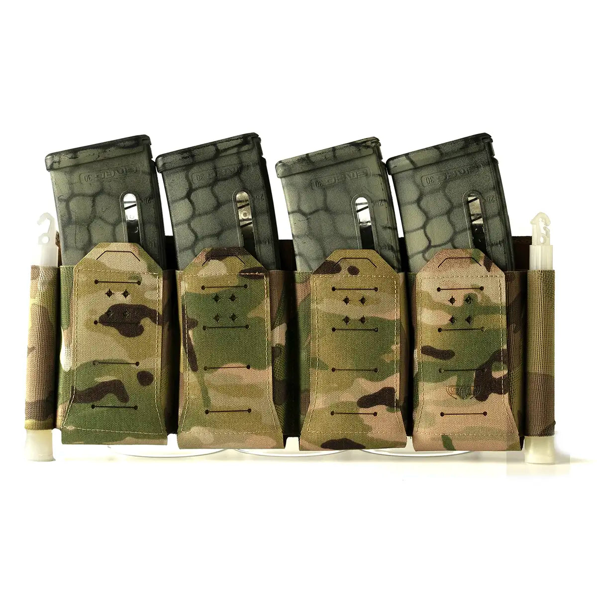 Spectre Quad Elastic Magazine Pouch MTP with four magazines inserted, showcasing multicam Cordura design and elastic retention for rapid access.
