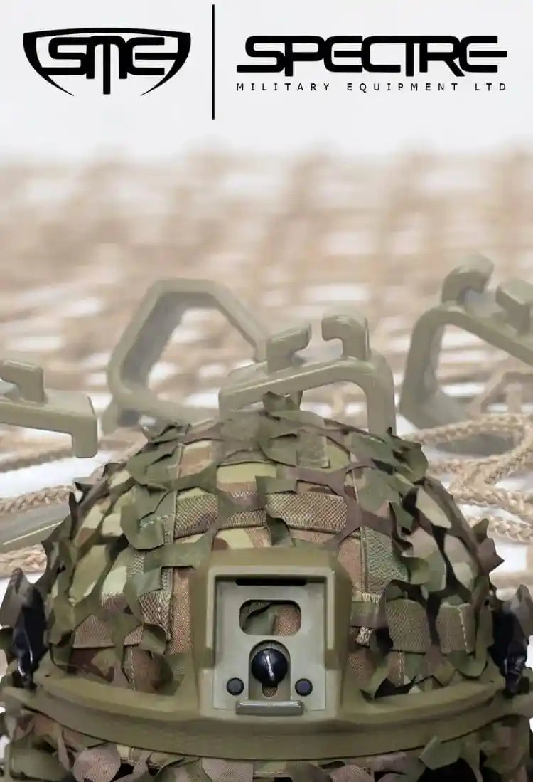 Spectre Military Helmet Scrim Netting, Hooks and Pouches - Portrait Banner