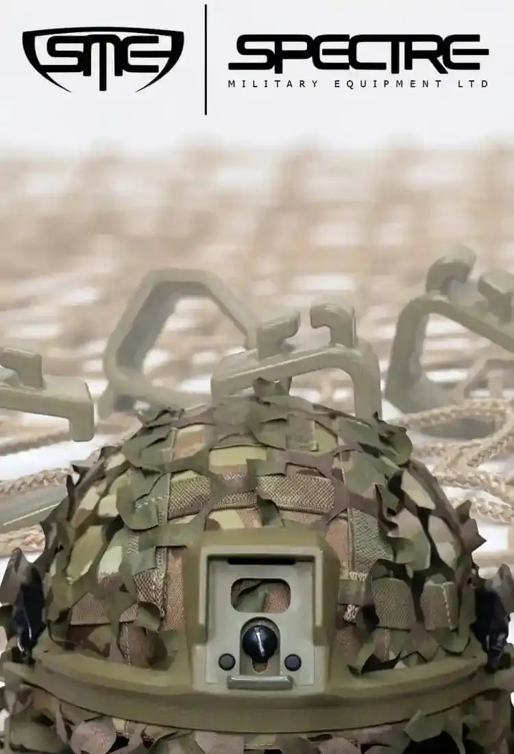 Spectre Military Helmet Scrim Netting, Hooks and Pouches - Portrait Banner