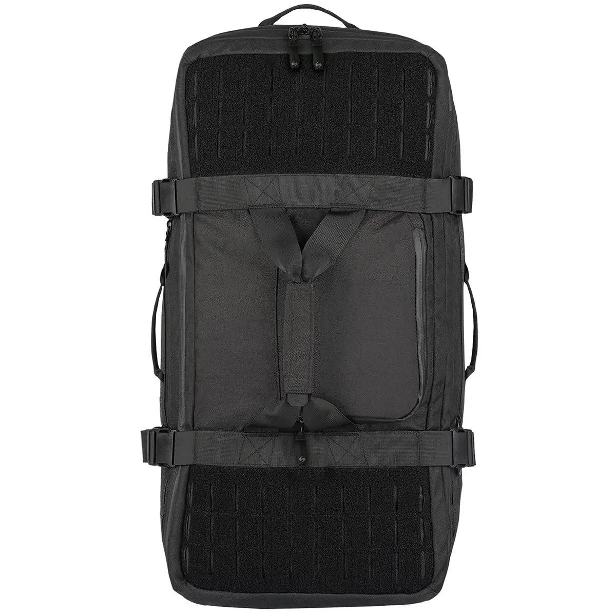 Stoirm 50L Black Duffel Bag top-down view, showcasing MOLLE webbing, compression straps, and reinforced grab handles.