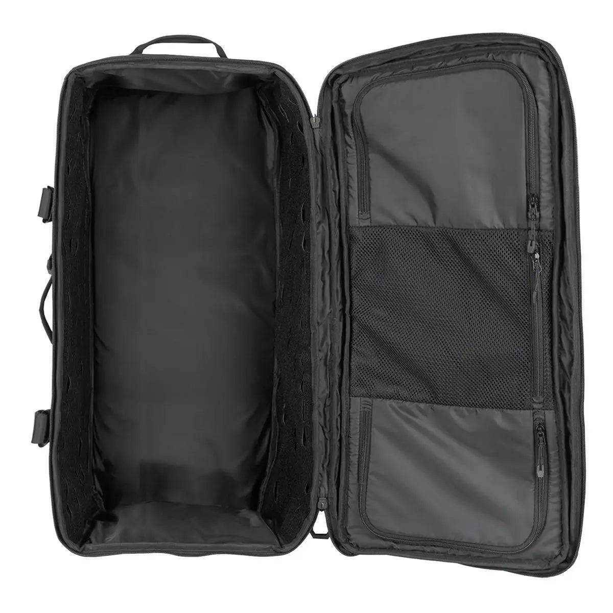 Stoirm 50L Black Duffel Bag fully opened, displaying a large main compartment with mesh zippered pockets for secure storage.