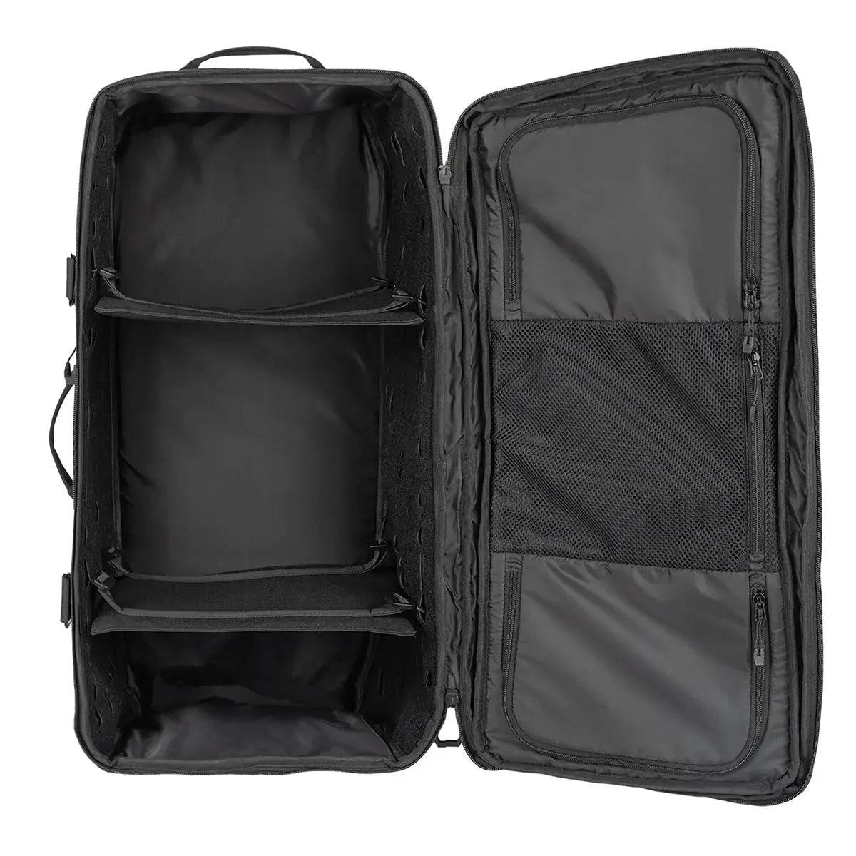 Stoirm 50L Black Duffel Bag open to reveal a spacious interior with removable dividers and mesh pockets for organized packing.