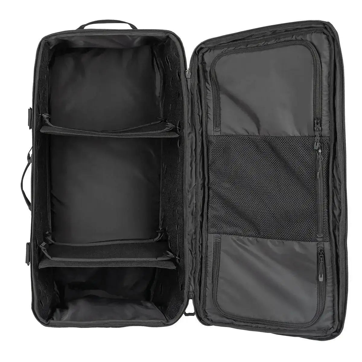 Stoirm 50L Black Duffel Bag open to reveal a spacious interior with removable dividers and mesh pockets for organized packing. from John Bull Clothing