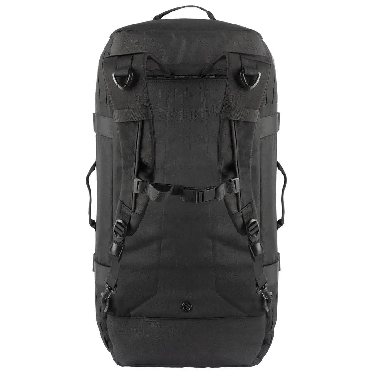 Stoirm 50L Black Duffel Bag back view, featuring padded backpack straps, sternum strap, and reinforced attachment points.