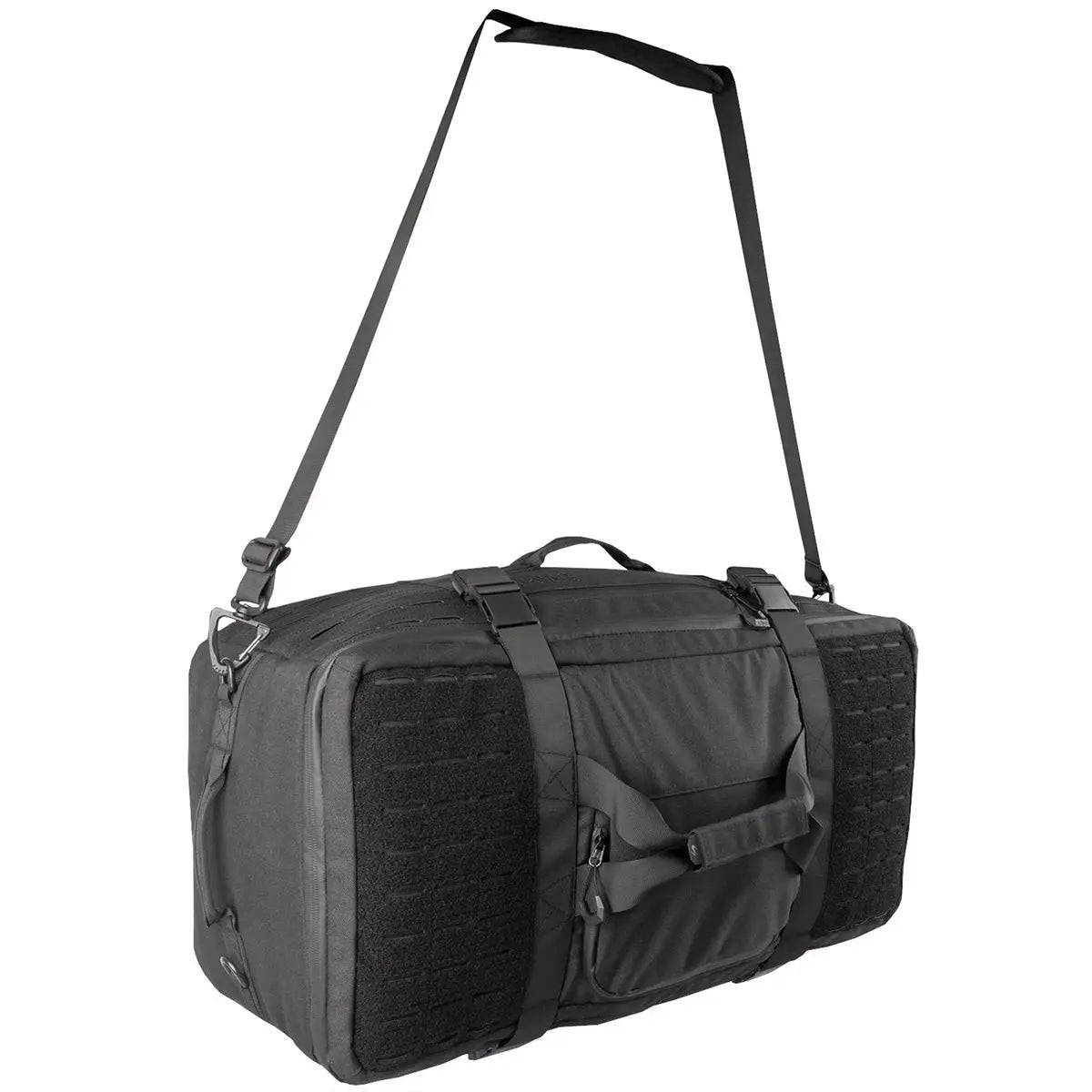 Stoirm 50L Black Duffel Bag with a detachable shoulder strap and MOLLE webbing, designed for rugged travel and tactical use.
