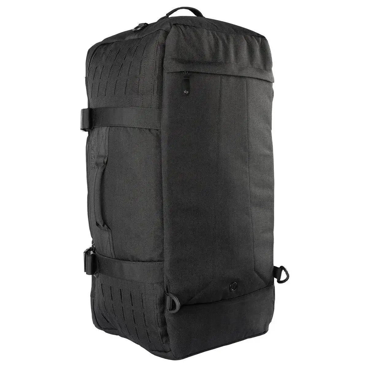 Stoirm 50L Black Duffel Bag standing upright, showing a durable back panel with reinforced stitching and multiple handles. from John Bull Clothing