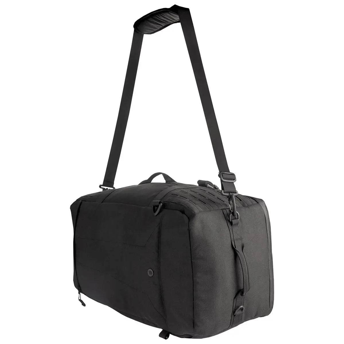 Stoirm 50L Black Duffel Bag with an adjustable shoulder strap, offering a comfortable crossbody carrying option.