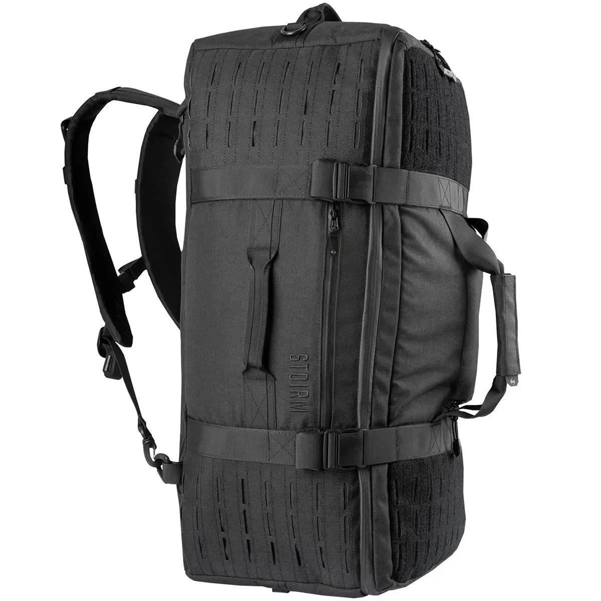 Stoirm 50L Black Duffel Bag with backpack straps, side handle, and MOLLE webbing for versatile carrying options.