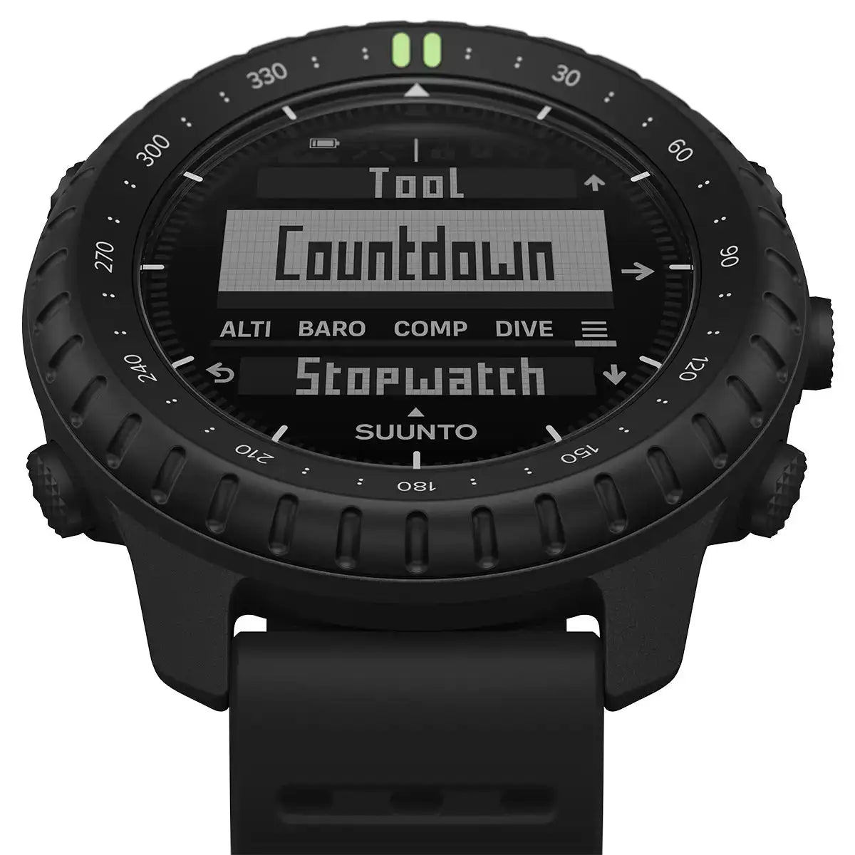 Close-up of black Suunto Core 2 tactical watch with digital compass, bezel, and side buttons, SKU: JB1636