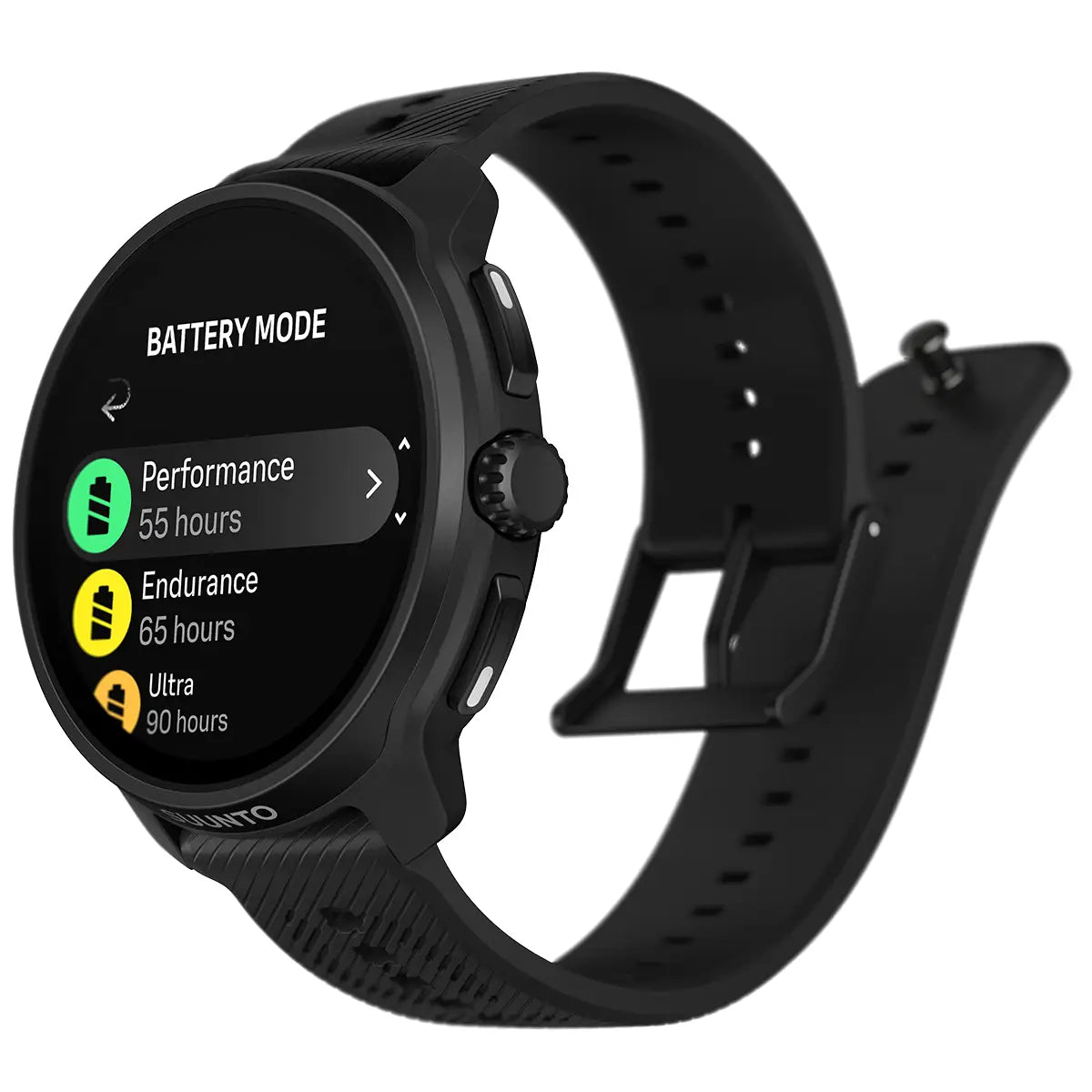 Side view of Suunto Race 2 GPS Fitness Watch in black, showing battery mode options including Performance, Endurance, and Ultra.