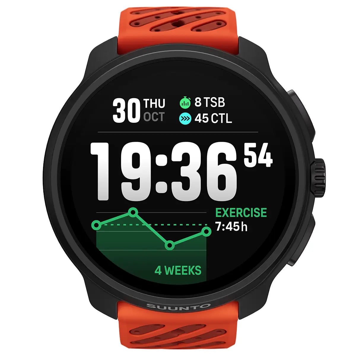 Suunto Race 2 GPS Fitness Watch in black with orange strap, showing time, exercise data, and performance metrics on display.