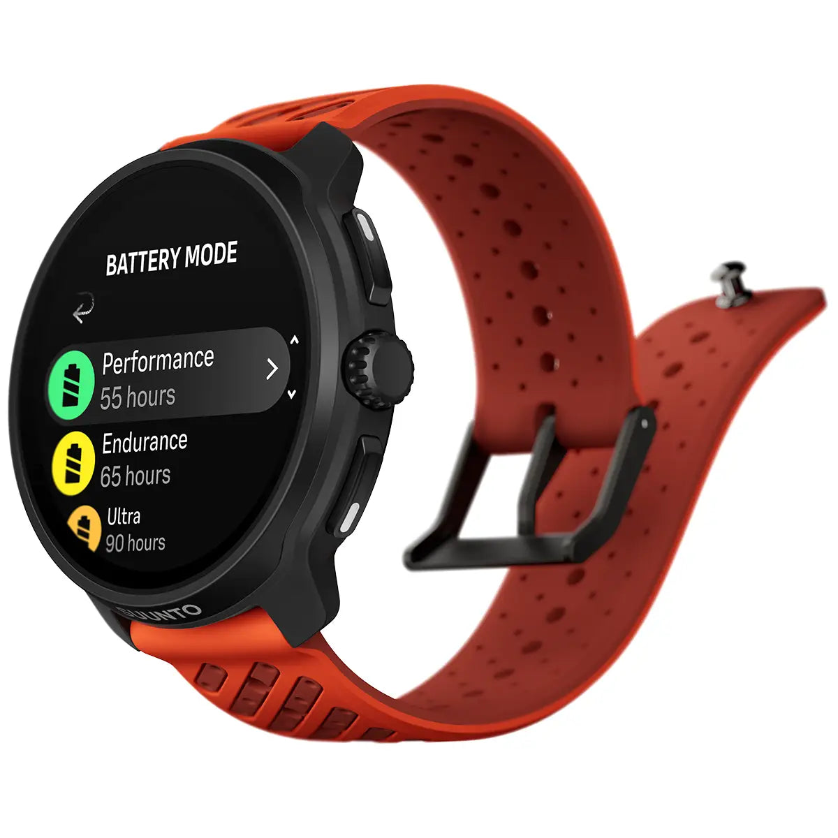 Angled view of Suunto Race 2 GPS Fitness Watch in orange, highlighting curved design and battery mode screen.