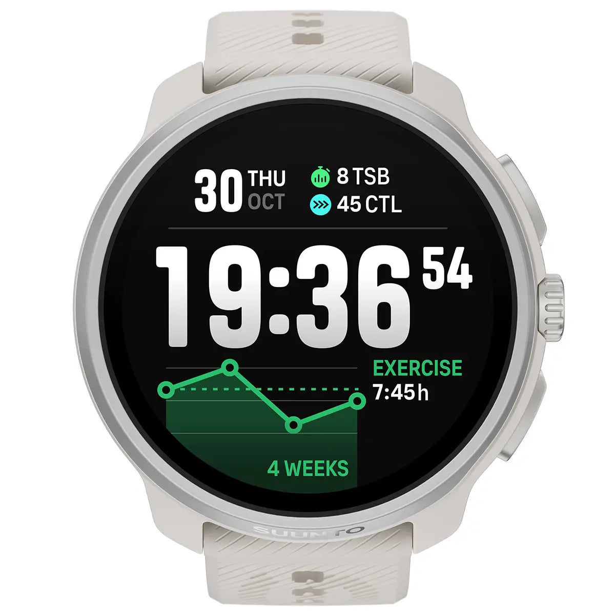 Suunto Race 2 GPS Fitness Watch in white, displaying workout stats and time, ideal for advanced fitness tracking.