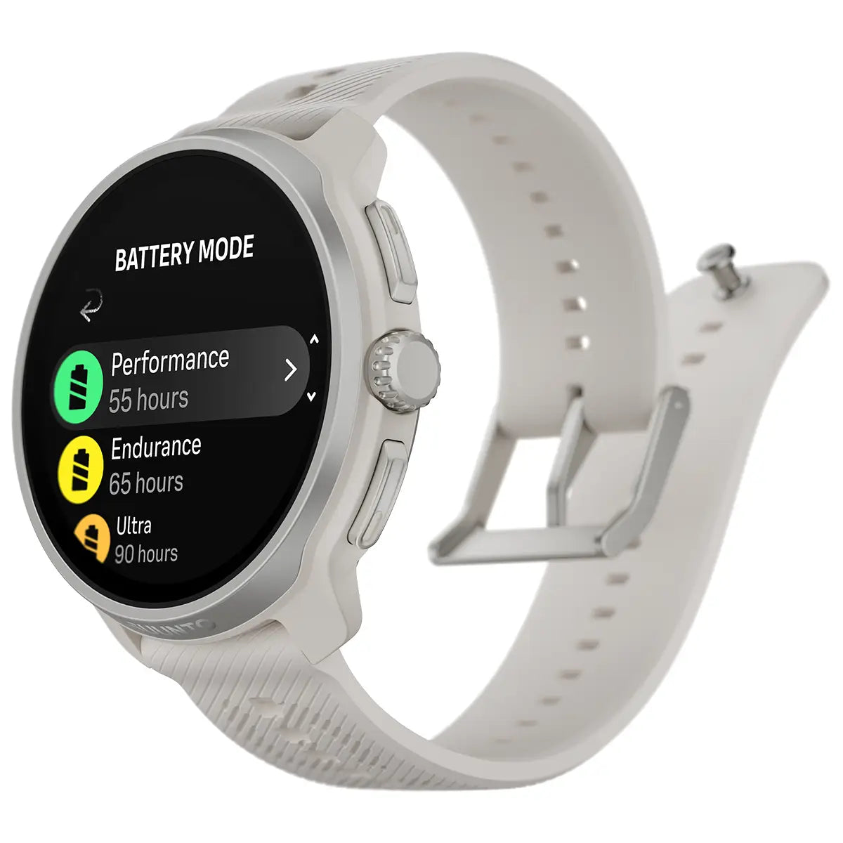 Suunto Race 2 GPS Fitness Watch in white shown from side, displaying battery life modes for various training intensities.