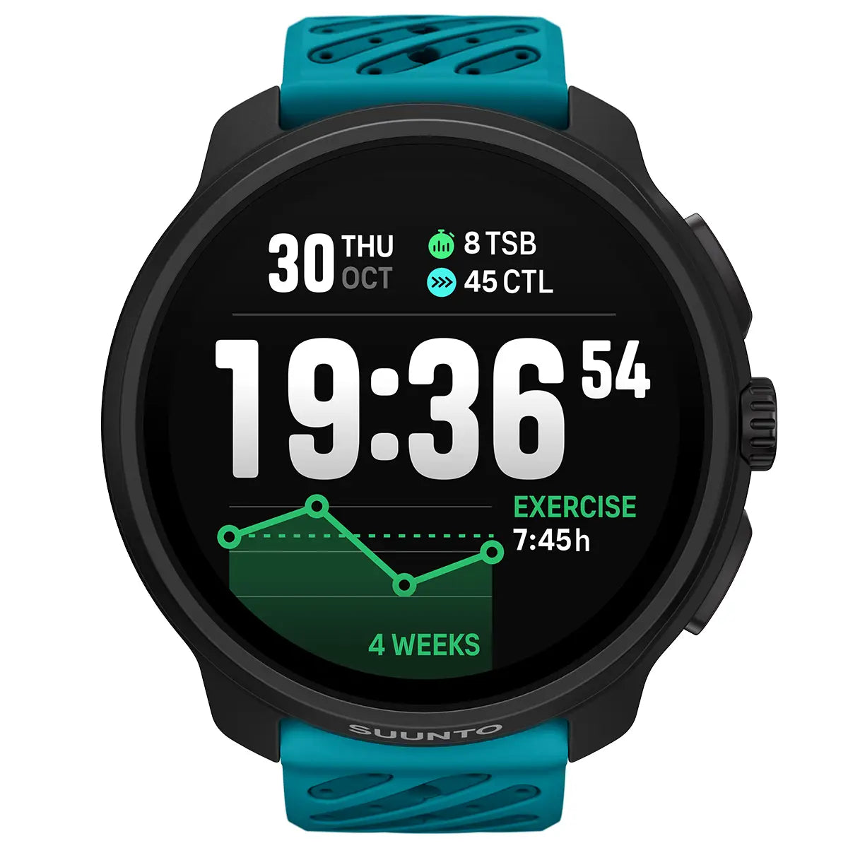 Suunto Race 2 GPS Fitness Watch in black with teal strap, featuring large digital display and fitness tracking interface.