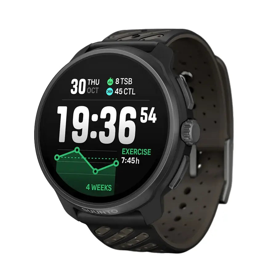 Suunto Race 2 Titanium GPS Watch with black strap and digital display showing exercise duration and training load. Built for serious athletes.