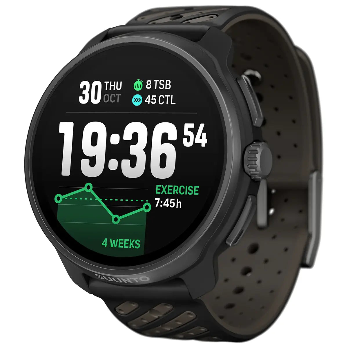 Suunto Race 2 Titanium GPS Fitness Watch showing time, training stats, and 4-week exercise graph. Lightweight smartwatch for advanced fitness tracking.