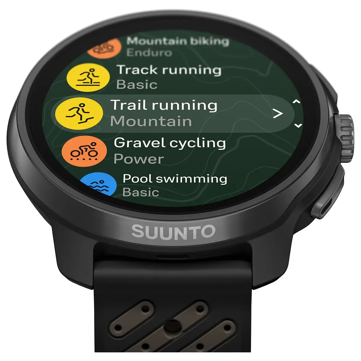 Suunto Race 2 Titanium GPS Watch displaying sport modes like trail running and mountain biking. Multi-sport smartwatch for active lifestyles.