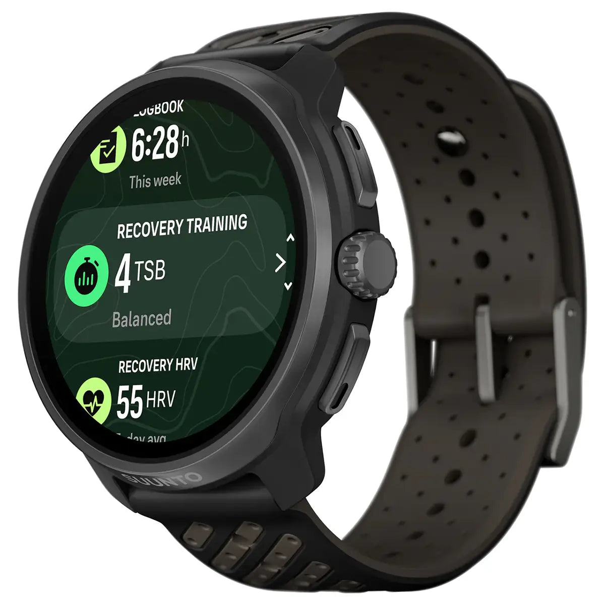 Suunto Race 2 Titanium GPS Watch showing recovery training and HRV stats. Designed for optimized recovery and endurance performance.