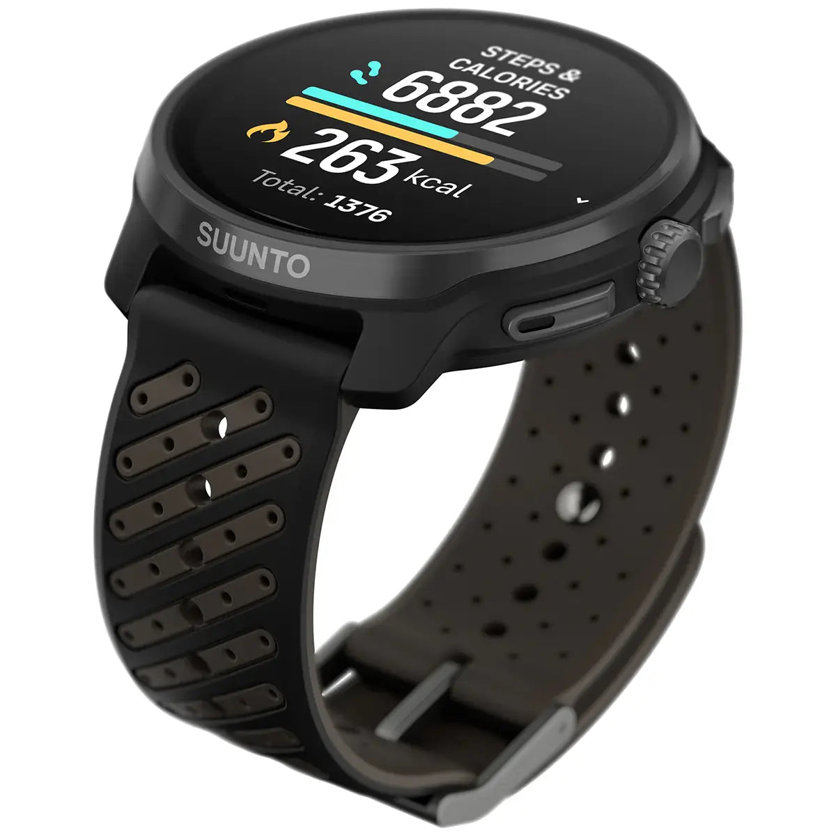 Suunto Race 2 Titanium GPS Watch tracking steps and calories burned with colorful display. Premium smartwatch for daily activity monitoring.