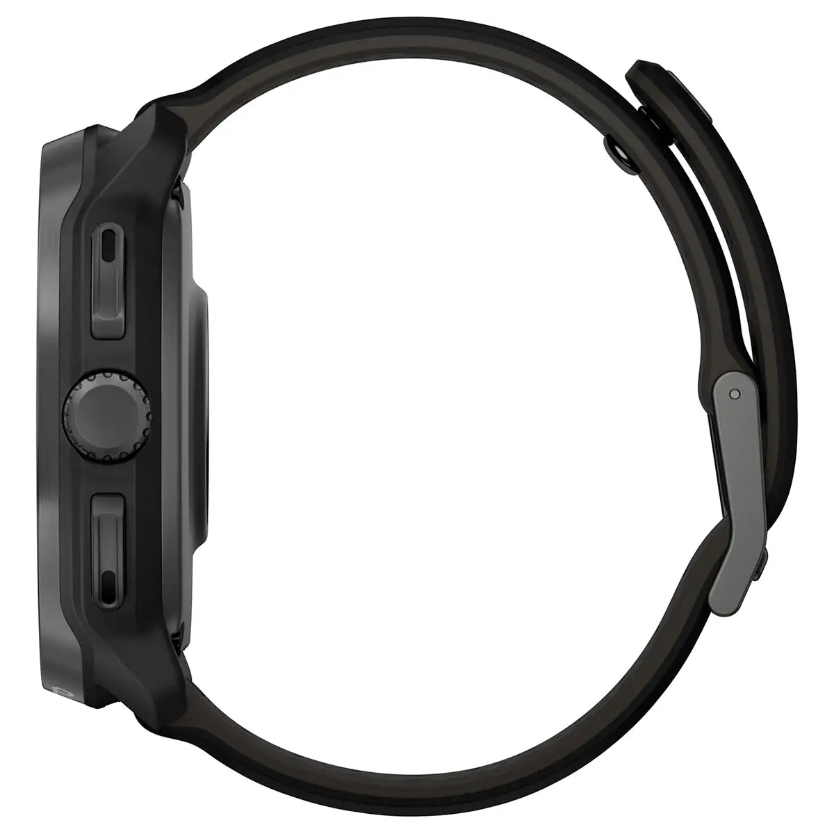 Side profile of Suunto Race 2 Titanium GPS Watch showing slim 12.5mm case and ergonomic button layout. Sleek design for all-day wear.