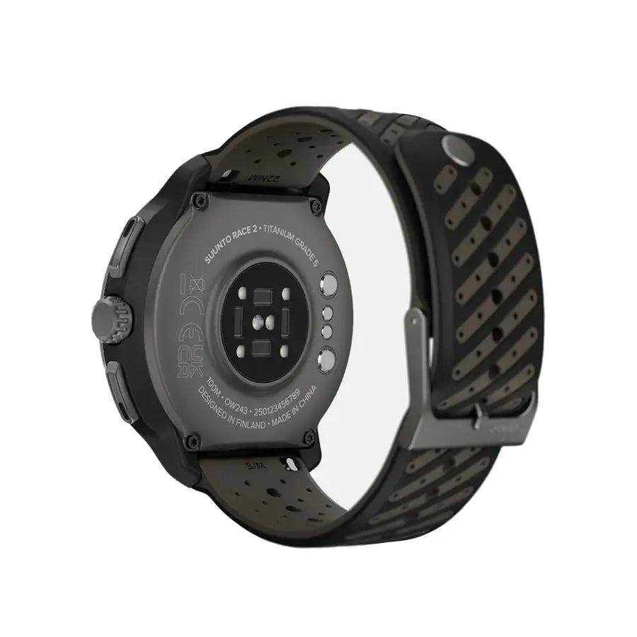Rear view of Suunto Race 2 Titanium GPS Watch with sensor array and engraved details. High-performance smartwatch with premium build.