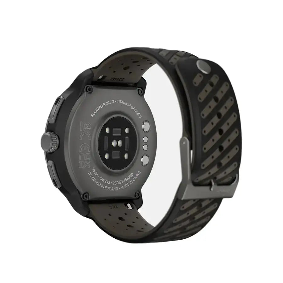 Rear view of Suunto Race 2 Titanium GPS Watch with sensor array and engraved details. High-performance smartwatch with premium build. from John Bull Clothing