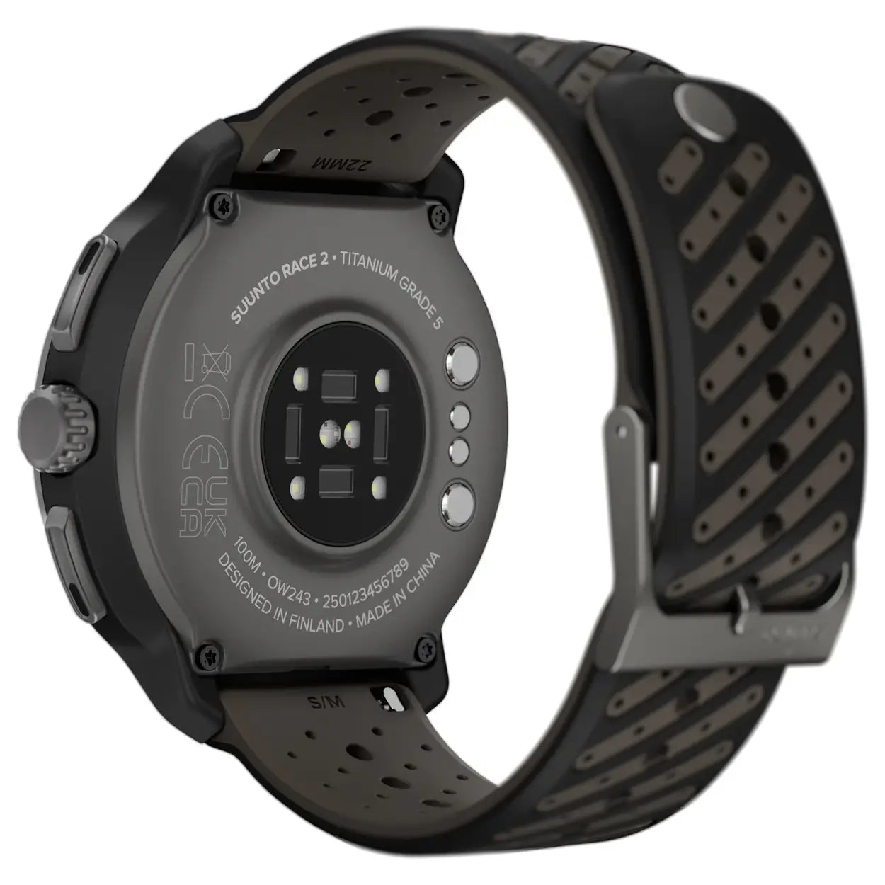 Back view of Suunto Race 2 Titanium GPS Watch with heart rate sensor and titanium-grade case. Durable and precise fitness tracking tool.