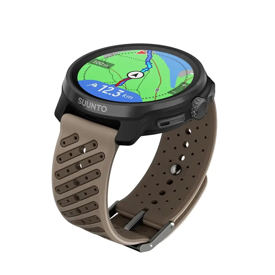 Suunto Race 2 Titanium GPS Watch with navigation map and brown strap. Designed for trail runners and outdoor fitness enthusiasts.