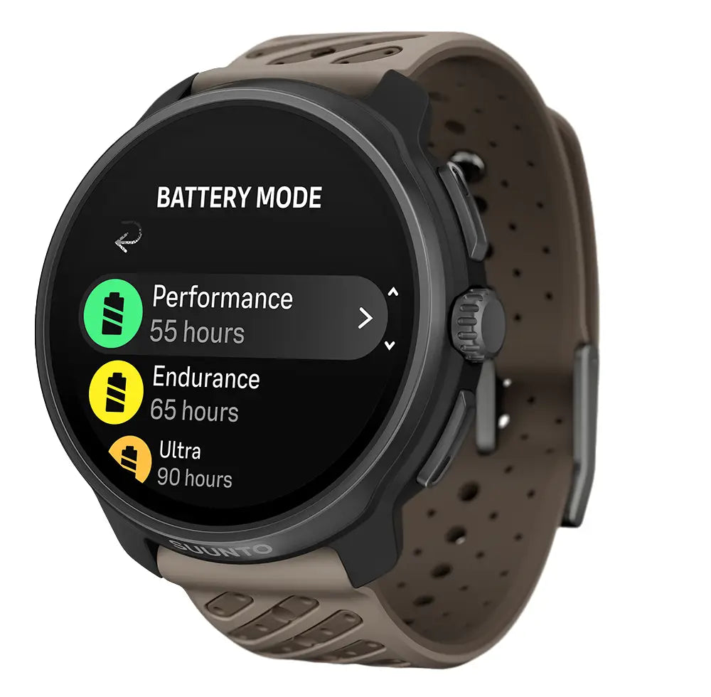 Suunto Race 2 Titanium GPS Watch showing battery modes including Performance, Endurance, and Ultra. Long-lasting power for extended use.
