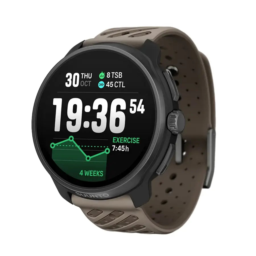 Suunto Race 2 Titanium GPS Watch with black bezel and perforated strap, displaying digital time and weekly exercise data. Ideal for performance athletes.