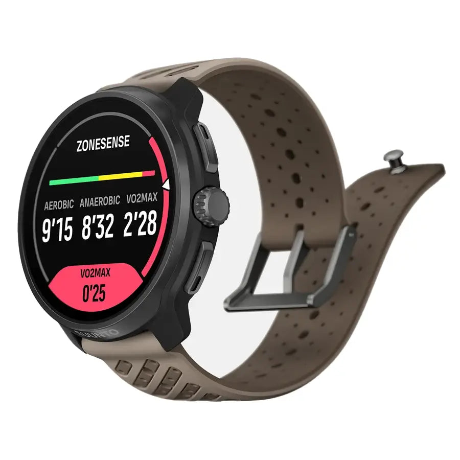Suunto Race 2 Titanium GPS Watch with VO2 Max training zones and curved brown strap. Precision fitness tracking for elite training.