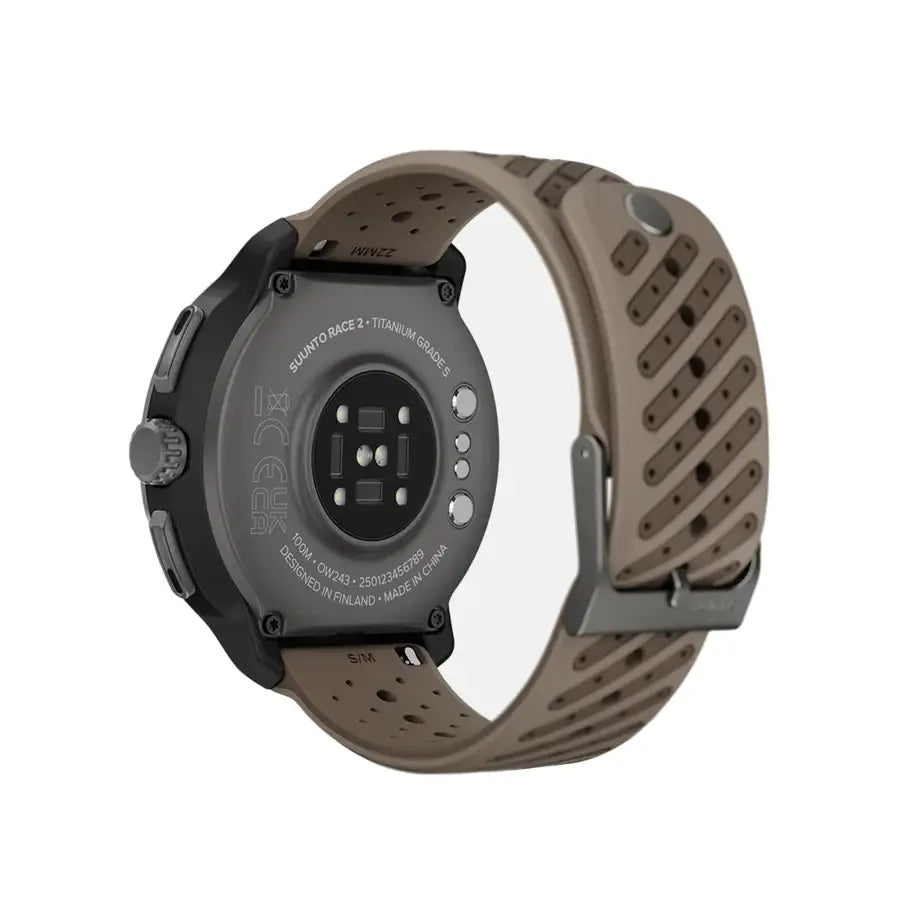 Back of Suunto Race 2 Titanium GPS Watch with brown strap and titanium case. Engineered for durability and comfort during workouts.