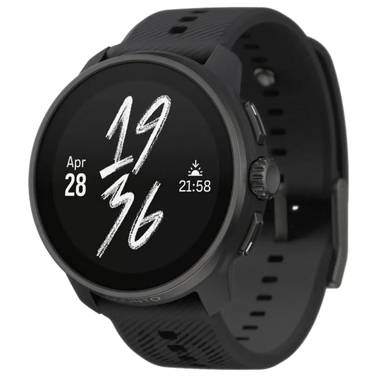 Suunto Race S GPS Sports Watch in black with minimalist time display. Designed for athletes seeking performance and style.