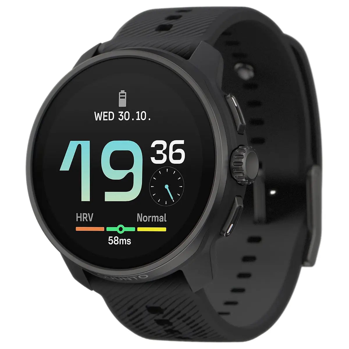 Suunto Race S GPS Sports Watch in all-black design, featuring HRV and time display. Durable and sleek for athletic performance.
