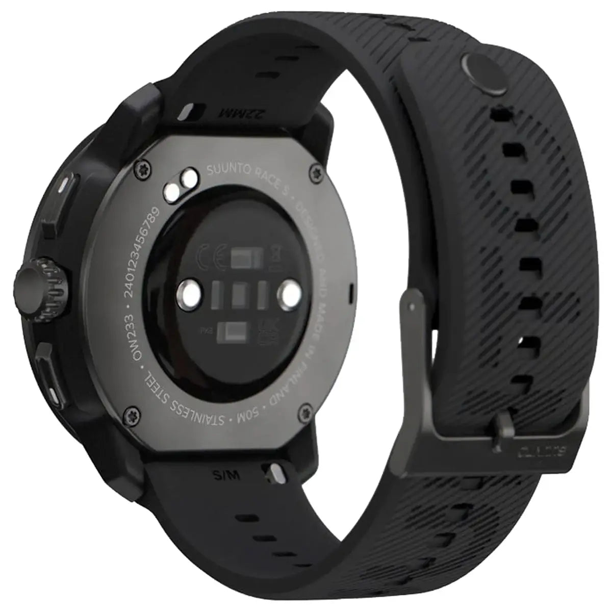 Back view of Suunto Race S GPS Sports Watch showing stainless steel case and heart rate sensor. Built for precision and comfort.
