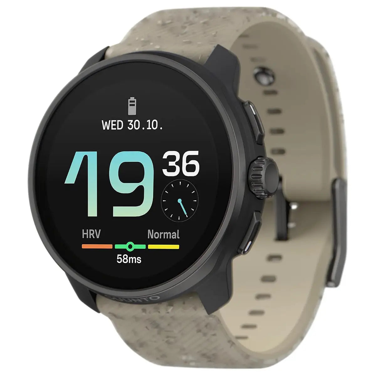 Suunto Race S GPS Sports Watch in black with beige speckled strap, displaying HRV and time. Ideal for fitness tracking and outdoor adventures.