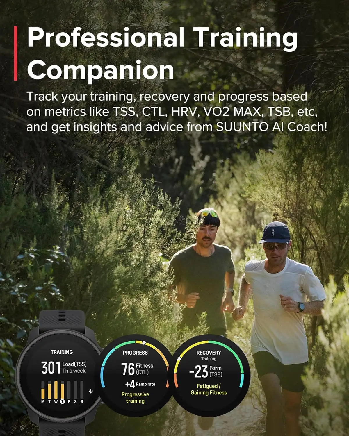 Suunto Race S GPS Sports Watch training metrics infographic with runners. Features AI coaching and performance tracking tools.