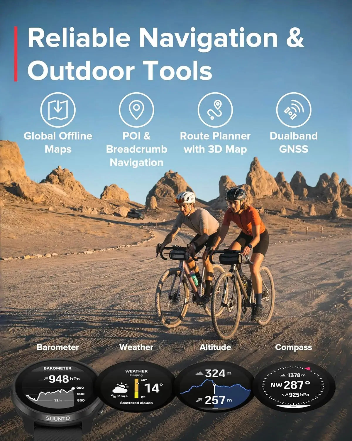 Suunto Race S GPS Sports Watch navigation tools infographic with cyclists. Includes offline maps, GNSS, compass, and weather data.