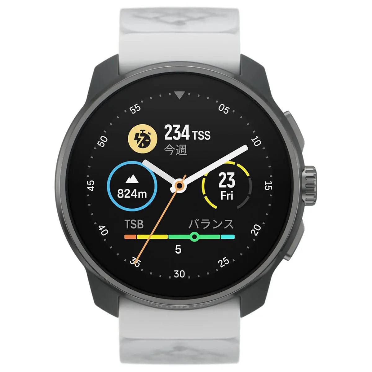 Suunto Race S Titanium GPS Smartwatch displaying a vibrant fitness tracking interface with performance metrics on a high-resolution touchscreen